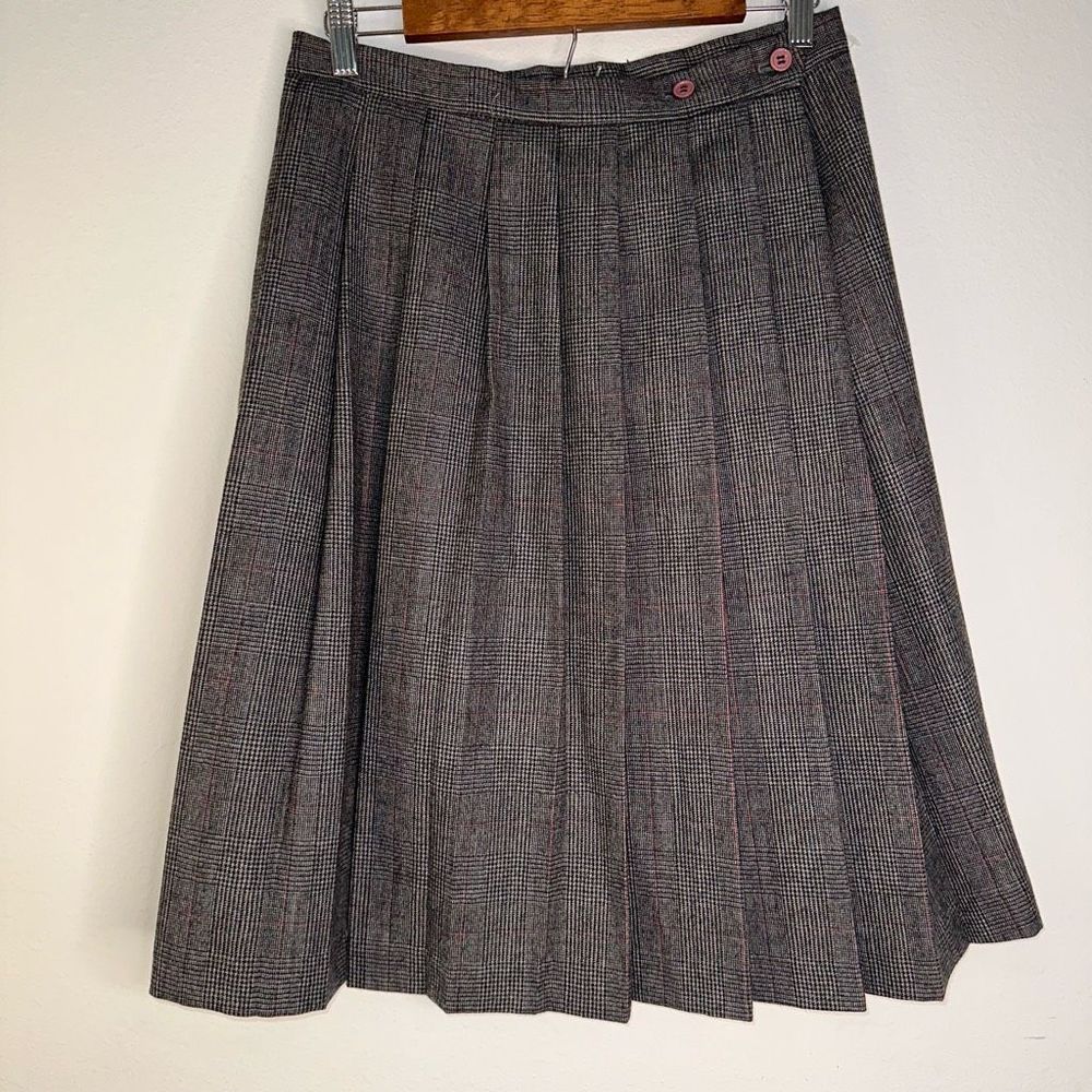 Vintage 80s Wool Tartan Houndstooth Pleated A Line Midi Skirt